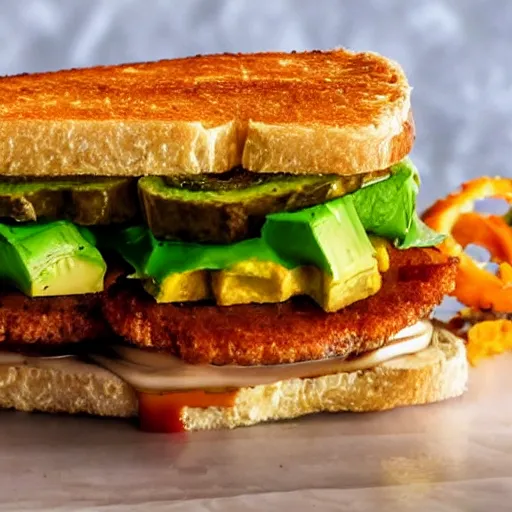 Image similar to sandwich with fried tofu, one tomato slice, one onion ring, avocado and melted cheddar, over a dish and over a table, with a sunset and rainbow in the background with saturn and stars in the sky