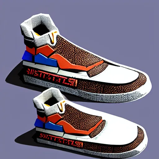 Image similar to realistic scultpure of sneaker! design, sneaker design overwatch fantasy style mixed with aztec mayan native street fashion, focus on sneakers only, shoes designed by akira toriyama and studio ghibli