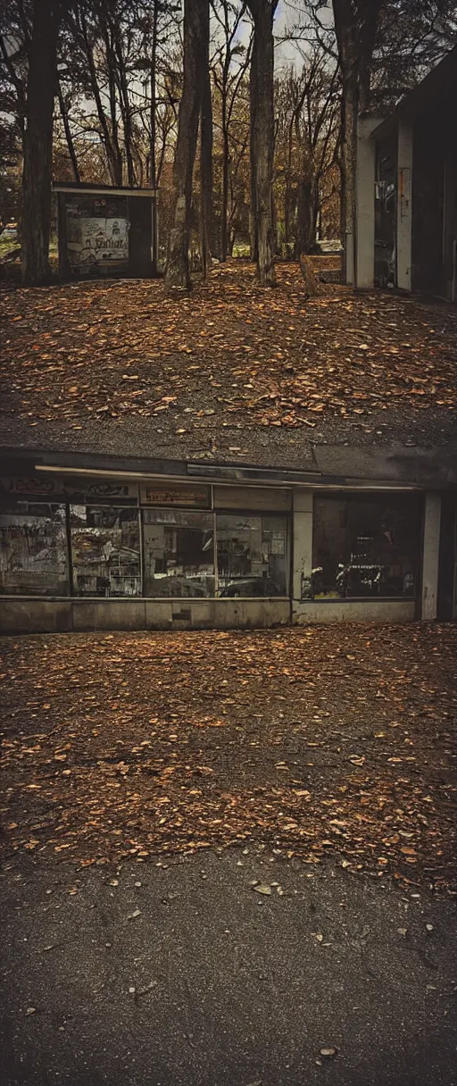 Image similar to “photography of an abandoned cafe in a parking lot autumn forest realistic detailed cinema camera detail cracked pavement wide angle”
