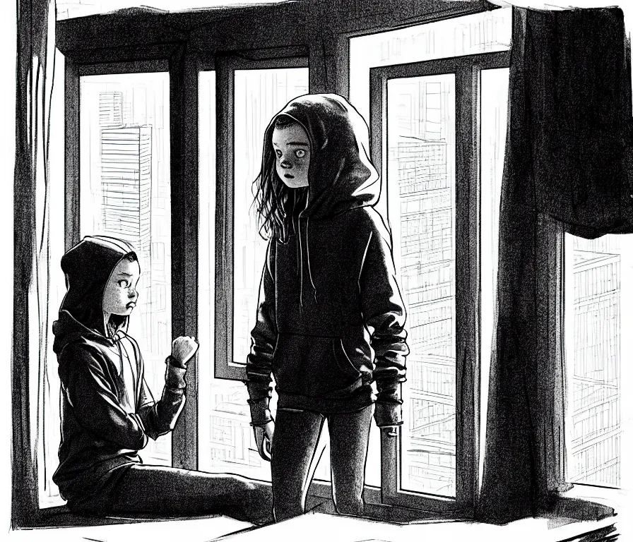 Image similar to sadie sink in hoodie, knees tucked in, on windowsill | rain falls at night : b & w storyboard drawing, scifi cyberpunk. by gabriel hardman, joe alves, chris bonura. cinematic atmosphere, detailed and intricate, perfect anatomy