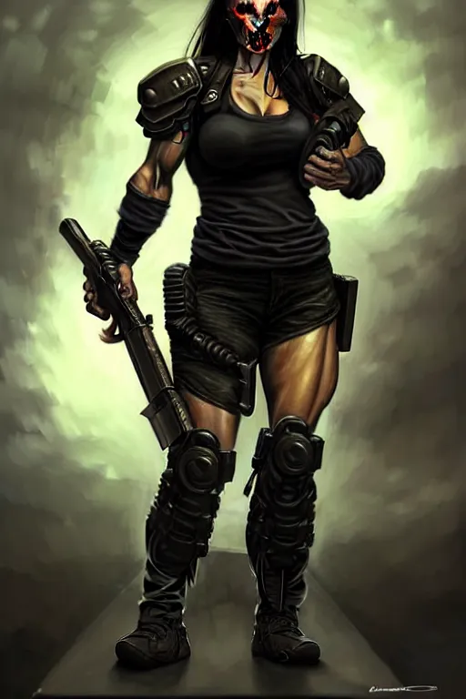 Image similar to gina carano as an ork with prothesis metallic left arm, casual black clothing, muscular, realistic proportions, casual pose, large portrait, sci - fi, shadowrun, rpg character, gun, digital painting, artstation, concept art, smooth, 8 k frostbite 3 engine, ultra detailed, art by artgerm and greg rutkowski and magali villeneuve