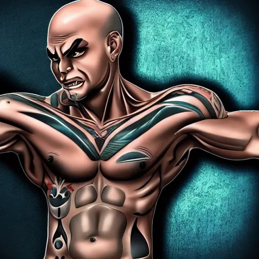 Image similar to muscular bald man, tattooed body, sword in hands, HD, anime style,