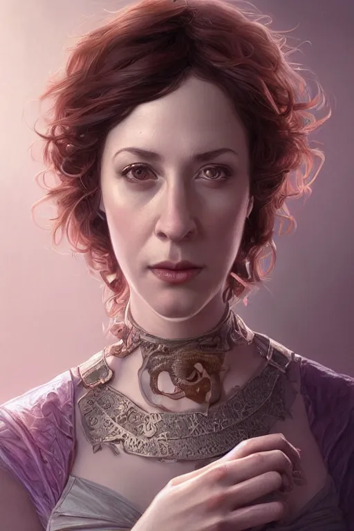 Image similar to ultra realistic illustration, kristen schaal from diablo, intricate, elegant, highly detailed, digital painting, artstation, concept art, smooth, sharp focus, illustration, art by artgerm and greg rutkowski and alphonse mucha