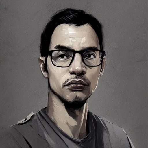 Prompt: Portrait of a man by Greg Rutkowski, he is about 30 years old, black, wears glasses with frame, short hair, manly, attractive, smart looking, tall and slim, he is wearing a utilitarian gray and black jumpsuit, highly detailed portrait, scifi, digital painting, artstation, concept art, smooth, sharp foccus ilustration, Artstation HQ