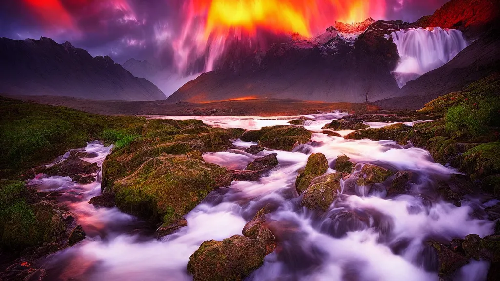 Image similar to amazing landscape photo of a water fall in sunset by marc adamus, beautiful dramatic lighting