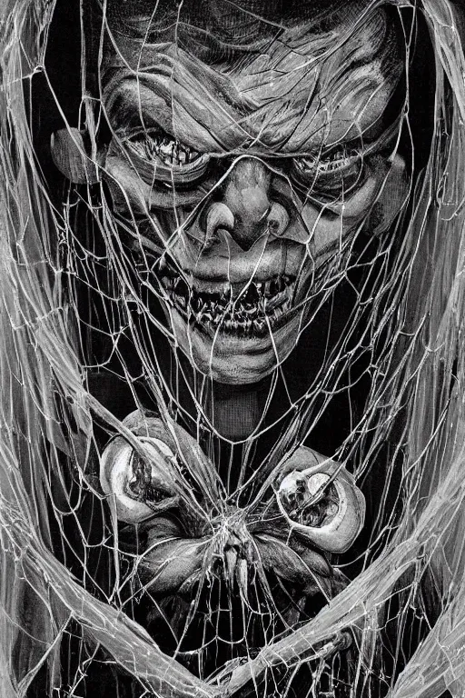 Prompt: portrait of a grotesque man spider wrapped in thick webs. horror art. disgusting.