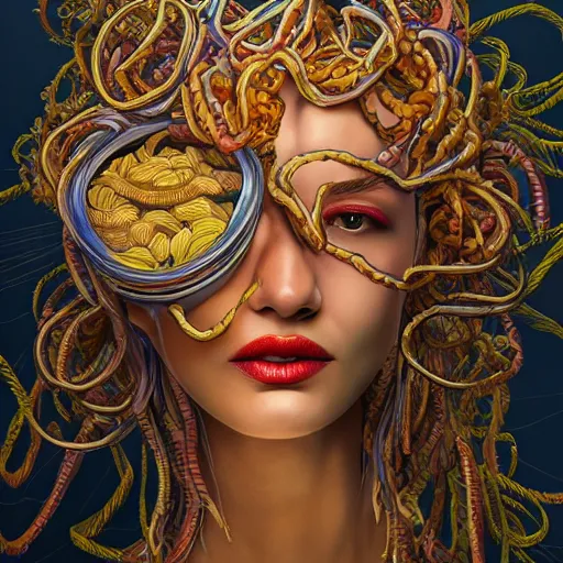 Image similar to the portrait of an unbelievably beautiful woman partially made of onion rings, an ultrafine detailed illustration by james jean, final fantasy, intricate linework, bright colors, behance contest winner, vanitas, angular, altermodern, unreal engine 5 highly rendered, global illumination, radiant light, detailed and intricate environment