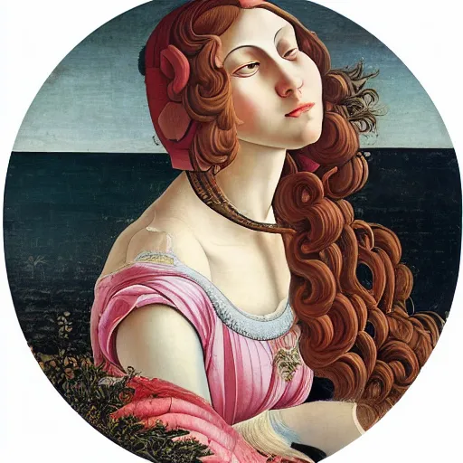 Image similar to an ultradetailed mythological oil painting of a beautiful woman with long brown hair, full body, wearing pink floral chiton, sleeping on a giant scallop shell, near the seashore, intricate lines, elegant, renaissance style, by sandro botticelli