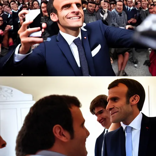 Prompt: a huge monster taking a selfie with macron