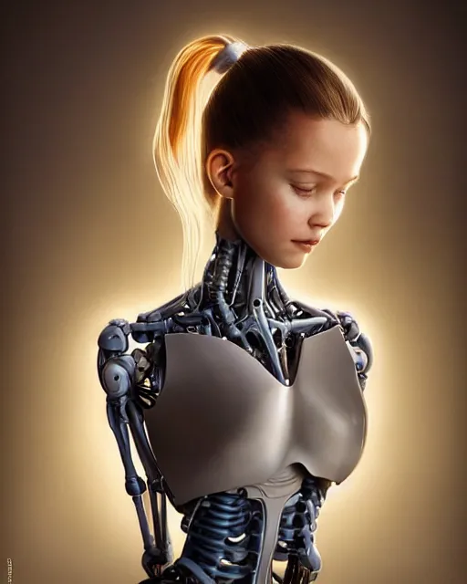 Image similar to weta disney pixar movie still head and torso portrait photo of young millie alicia bobby vikander brown with a white ponytail as thoughtful intricate detailed mechanical white plastic cyborg girl by pixar, by weta, wlop, ilya kuvshinov, rossdraws, artgerm, latex, iridescent, bright morning, anime, liosh, mucha