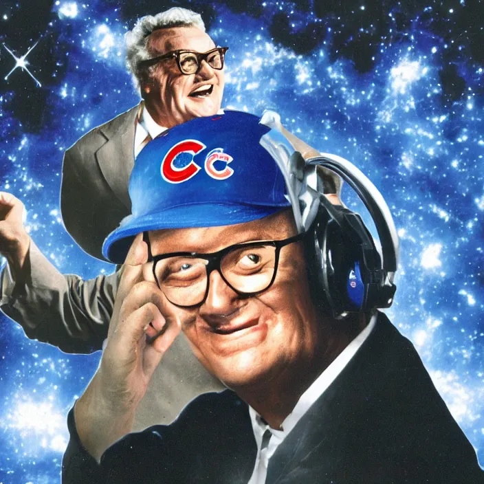 Prompt: a sci - fi hologram of chicago cubs announcer harry caray in space, universe, lasers, galaxy, cyberpunk