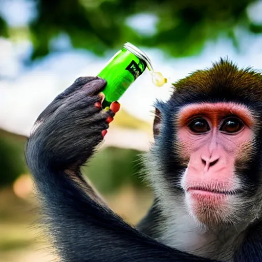 Prompt: monkey drinking monster energy, high quality photo