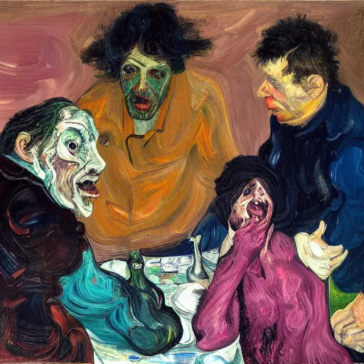 Image similar to high quality high detail expressionist painting of a man in agony by lucian freud and jenny saville and francis bacon and francisco goya and vincent van gogh, hd, anxiety, seated at table with friend in a living room crying and screaming, turquoise and purple and orange and pink