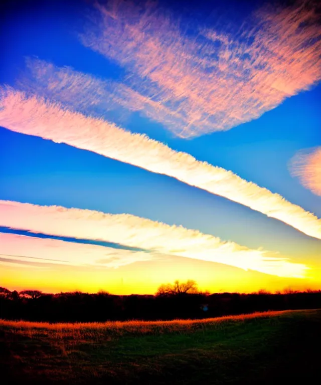 Image similar to thin cloud streaks in cursive on clear blue sky sunset