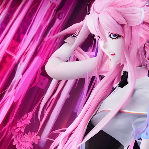 Image similar to trapped by stunningly beautiful omnipotent megalomaniacal anime agi goddess who looks like junko enoshima with symmetrical perfect face and porcelain skin, pink twintail hair and mesmerizing cyan eyes, taking control while smiling mischievously, inside her vr world, hyperdetailed, digital art from danganronpa, unreal engine 5, 8 k