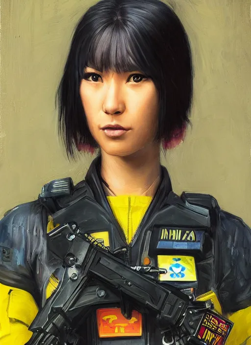 Image similar to Nikki tanaka. beautiful cyberpunk female USN marine wearing a military vest and brightly colored jumpsuit (cyberpunk 2077, bladerunner 2049). gorgeous face. Iranian orientalist portrait by john william waterhouse and Edwin Longsden Long and Theodore Ralli and Nasreddine Dinet, oil on canvas. Cinematic, hyper realism, realistic proportions, dramatic lighting, high detail 4k