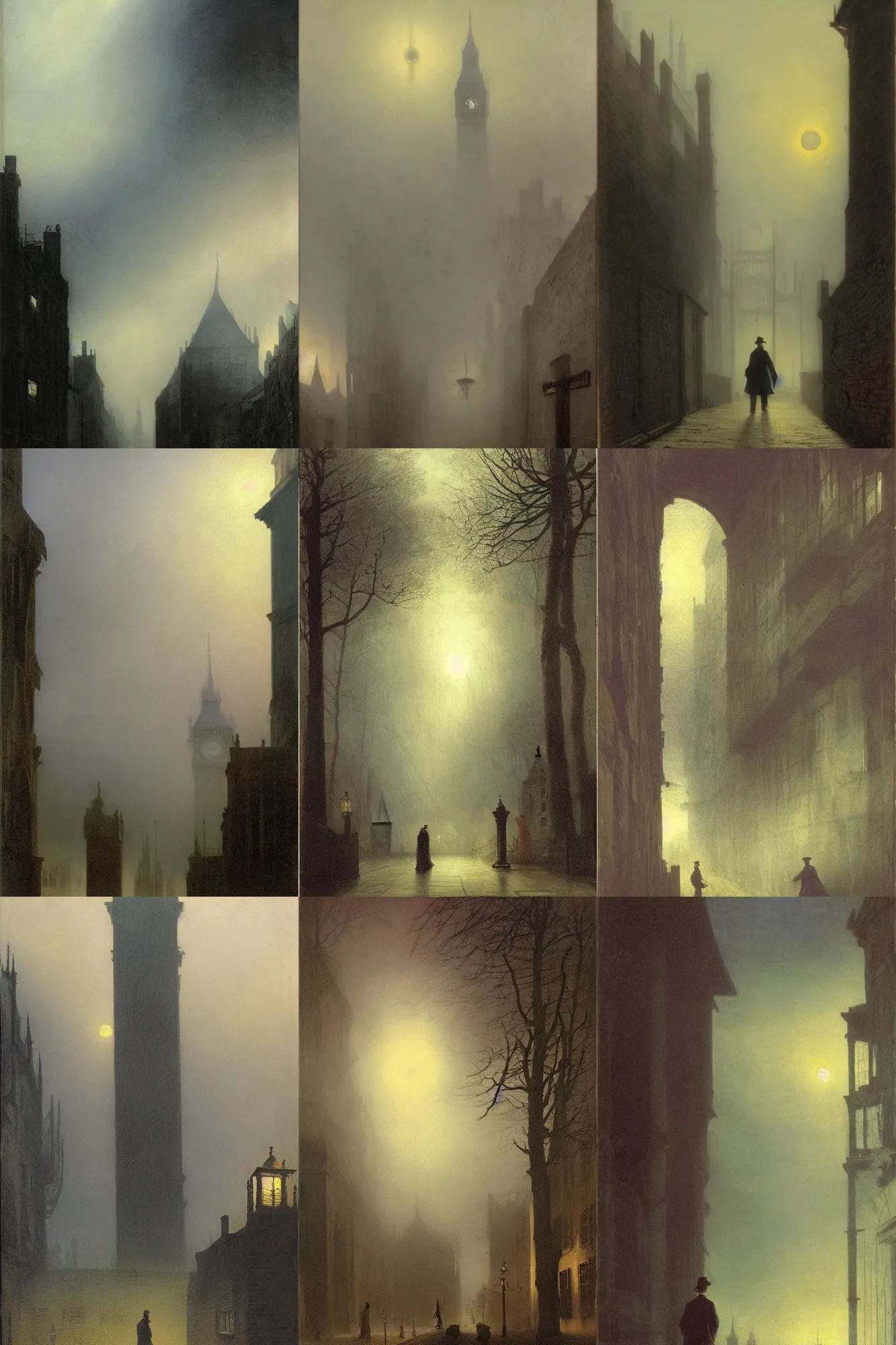 Prompt: 1 9 0 0 th century london, shady alleys, thick fog, art by caspar david friedrich, thomas lawrence, john martin