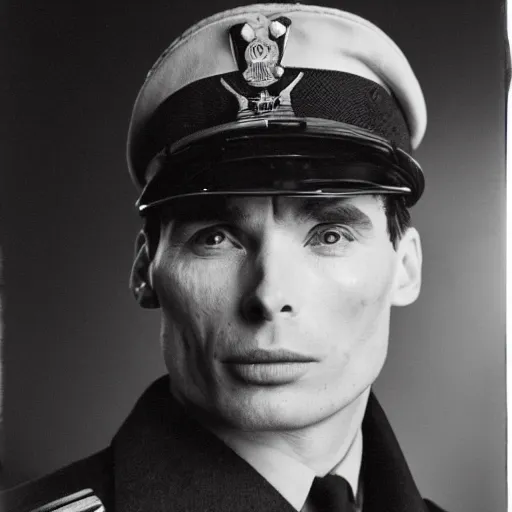 Image similar to cillian murphy in a world war ii uniform, black and white film photography, realistic face, cabinet card, 2 5 mm lens, cinematography by chris nolan