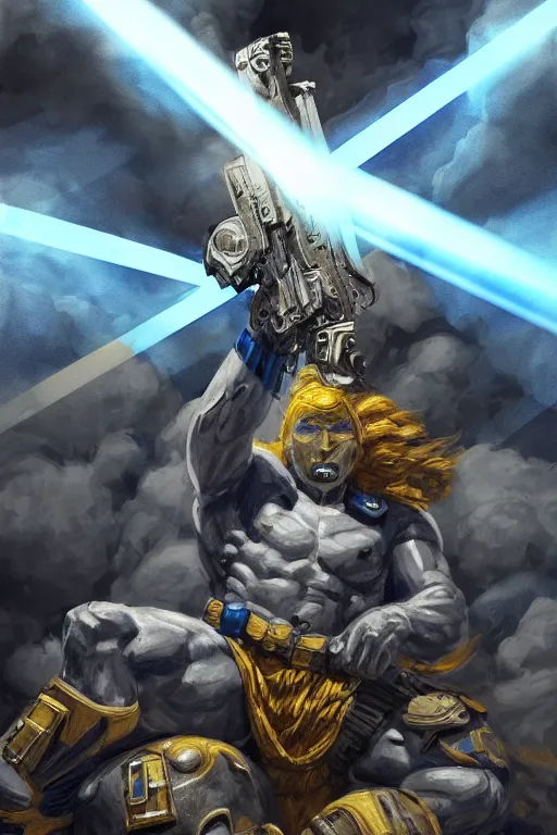 Image similar to a photo of a super soldier with a Ukrainian blue and yellow stripes flag standing in the beam of light from the clouds on a pile of skulls as a winner, masculine figure, D&D, fantasy, intricate, elegant, highly detailed, digital painting, artstation, concept art, matte, sharp focus, symmetrical, illustration, art by Artgerm and Greg Rutkowski and Alphonse Mucha