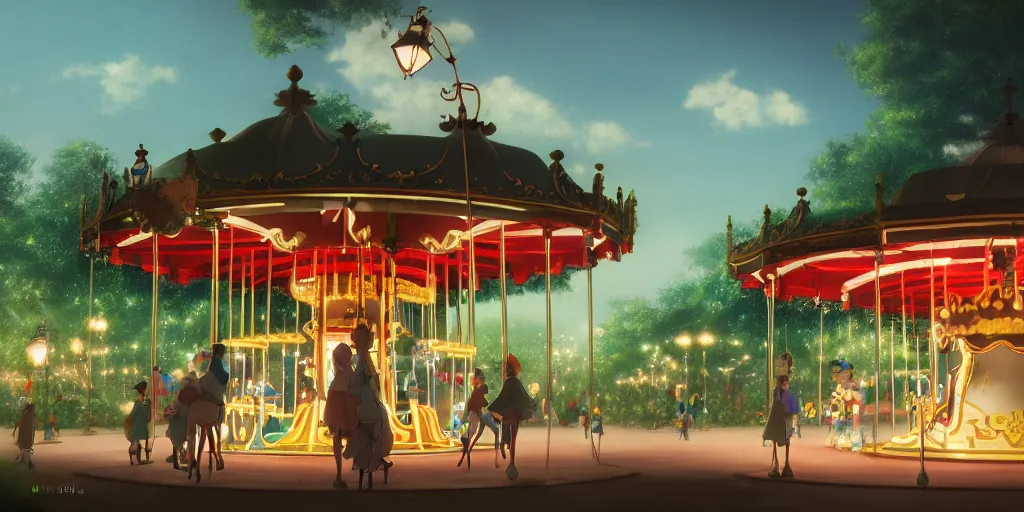 Prompt: at a merry - go - round park, evening, detailed matte painting, low angle view, telephoto lens, bokeh, hayao miyazaki, studio ghibli, artstation