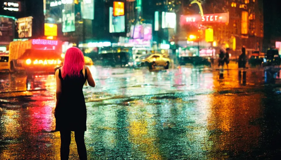 Image similar to street of new york, photography, night, rain, mist, a girl with pink hair, cinestill 8 0 0 t, in the style of william eggleston