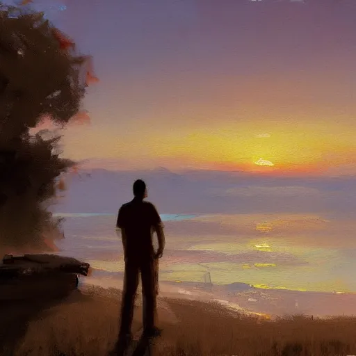 Image similar to a man watching a beautiful sunset, paint by Craig Mullins