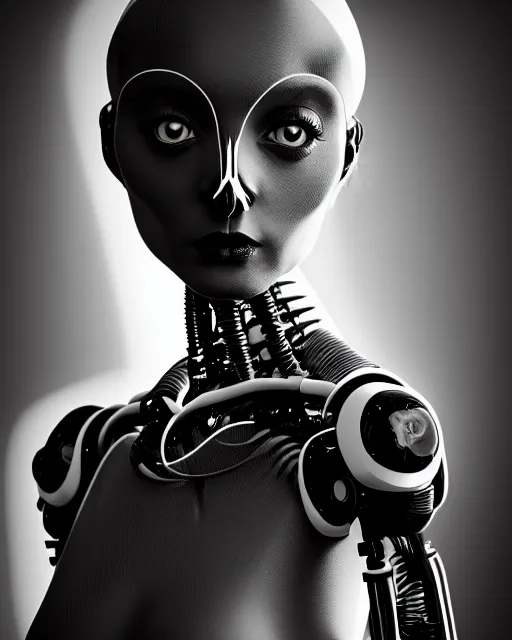 Image similar to surreal mythical dreamy dark artistic black and white fine art 3 / 4 portrait photo of a young delicate female robot with orchid - owl face, rim light, cinematic, studio dramatic light, poetic, octane render, 8 k, photo - realistic by hg giger