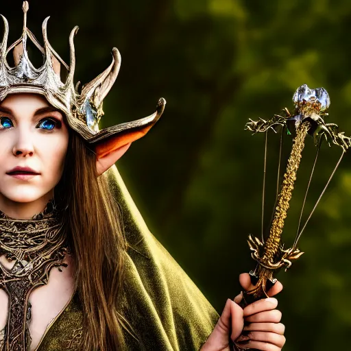 Prompt: photo of a beautiful elven queen queen with ornate crown and cloak, telephoto lens, incredibly detailed, 8k, HDR, studio