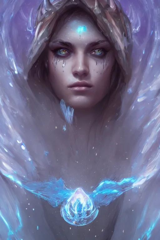 Image similar to face closeup extremely beautiful girl necromancer covered with water, wizard casting magic spell, gold beam, angel, magic storm and thunder clouds, fantasy, magic the gathering, hyper detailed, 3 d render, hyper realistic detailed portrait, peter mohrbacher