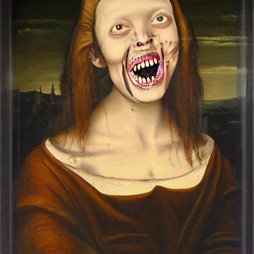 Image similar to an oil painting of an extremely ugly pale vampire woman smiling with skin condition in expensive renaissance dress, Renaissance painting, Renaissance Port City background, vampire teeth, 1450, holding paper fan