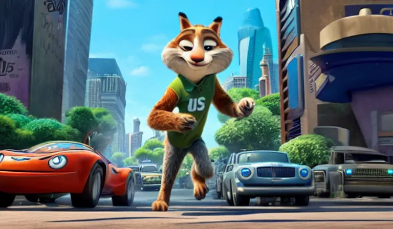 Prompt: The chase scene in Zootopia. Pixar Digital Movies