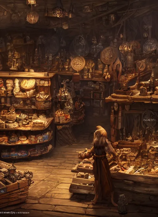 Prompt: merchant in his store selling things, ultra detailed fantasy, elden ring, realistic, dnd, rpg, lotr game design fanart by concept art, behance hd, artstation, deviantart, global illumination radiating a glowing aura global illumination ray tracing hdr render in unreal engine 5