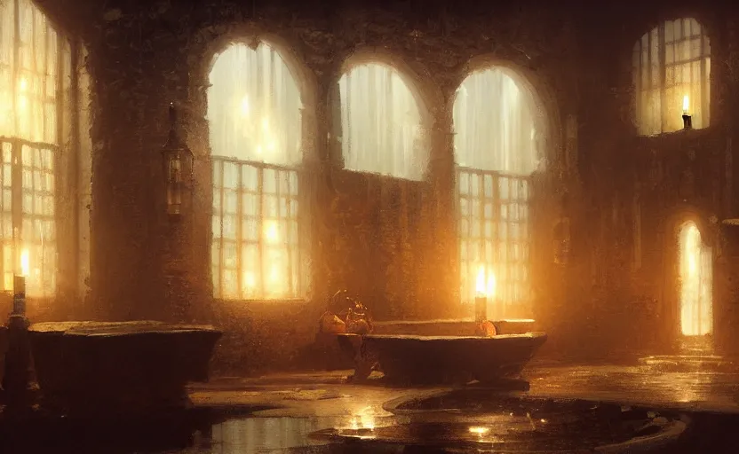 Image similar to painting of an interior of a bath house with candles, concept art, by greg rutkowski and craig mullins, cozy atmospheric and cinematic lighting, trending on artstation