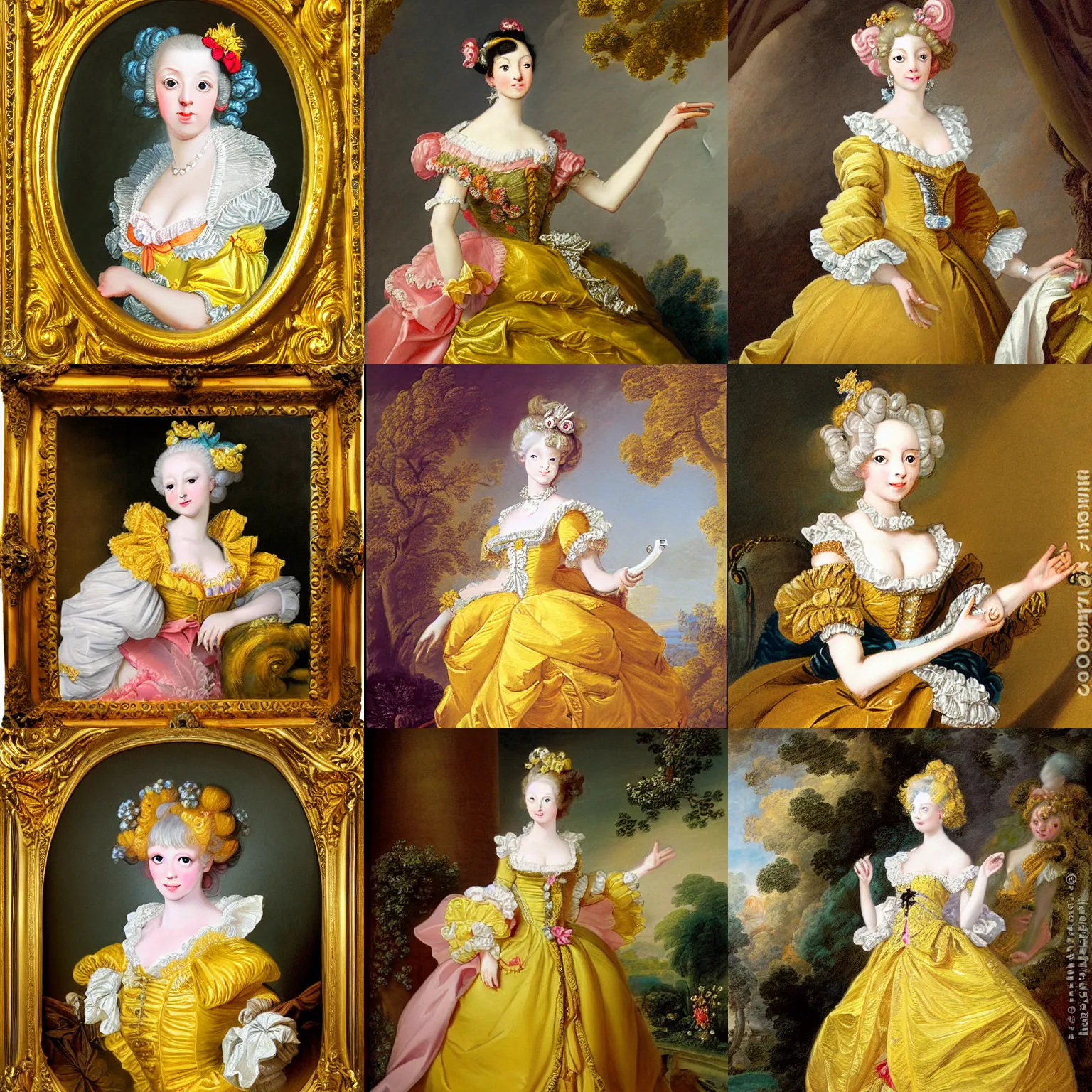 Prompt: portrait rococo painting of Princess Riliane Lucifen d'Autriche Vocaloid kagamine Rin, yellow ornate dress, by Jean‑Honoré Fragonard