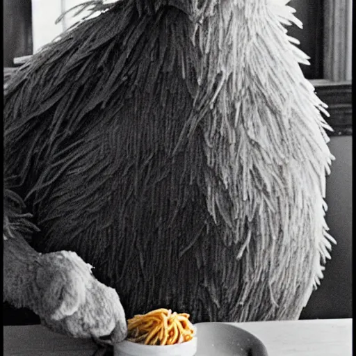 Image similar to Big Bird from Sesame Street eating a bowl of SpaghettiOs