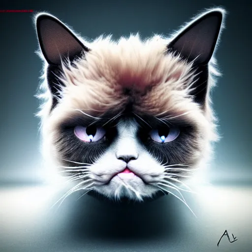 Image similar to cute chthonic fluffy grumpy cat by Ayami Kojima, Beksinski, Giger, vray render, 50mm lens, bottom angle