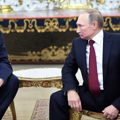 Image similar to Vladimir Putin on his knees, kissing Zelensky shoes