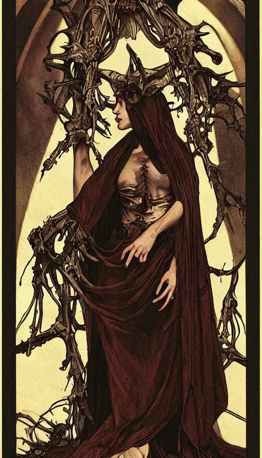 Prompt: cloaked demon woman muted fall colors, robes veil, exposed bones, horns palace on a throne of bones lithograph, engraving, etching, printmaking, exposed bones, occult, tarot, octane render ,caravaggio alphonse mucha, long boney limbs