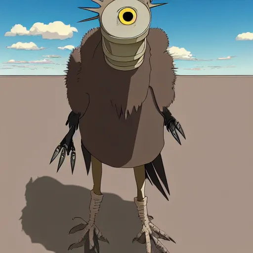 Image similar to a study of cell shaded cartoon of a grey mechanized vulture from howl's moving castle ( 2 0 0 4 ) on a desert road, full body, wide shot, very muted colors, post grunge, studio ghibli, laurie greasley, highly detailed, deviantart, art by artgem