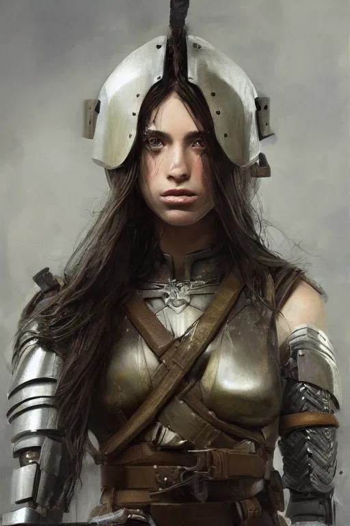 Image similar to a photorealistic painting of an attractive young girl, partially clothed in battle armor, olive skin, long dark hair, beautiful bone structure, symmetrical facial features, perfect eyes, intricate, elegant, digital painting, concept art, illustration, sharp focus, minimal artifacts, from Metal Gear, in the style of Ruan Jia and Mandy Jurgens, by Greg Rutkowski, trending on Artstation, award winning