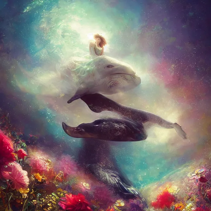 Image similar to glimmering whale, flowing dress, flowers, cosmos, milky way galaxy, golden hour, god rays, coral reef, dreamscape by artgerm and ruan jia and ismail inceoglu and greg olsen, masterpiece, beautiful, intricate, elegant, highly detailed