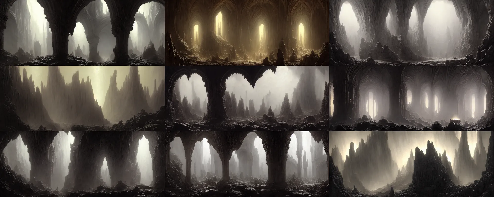 Image similar to a epic concept art by barlowe wayne, gustave dore and greg rutkowski. magma. dark fantasy cave palace of bad omens. morandi colour. fier in fog!! dante's divine comedy, light effect. a beam of light fell on the stone throne!! 3 d, ultra clear detailed. octane render, unreal engine. 8 k