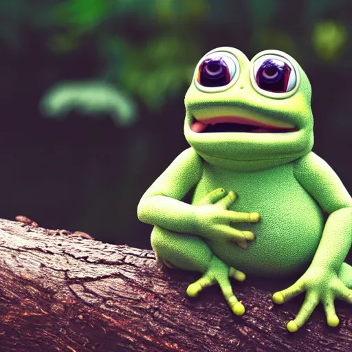 Prompt: baby pepe the frog, larg eyes, sitting on a log, pixar, disney, dynamic lighting, bokeh