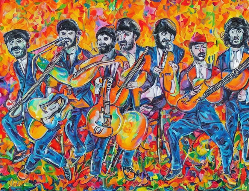 Prompt: a painting of a concert by vegatables playing music of the Beatles in the style of artist James Jean