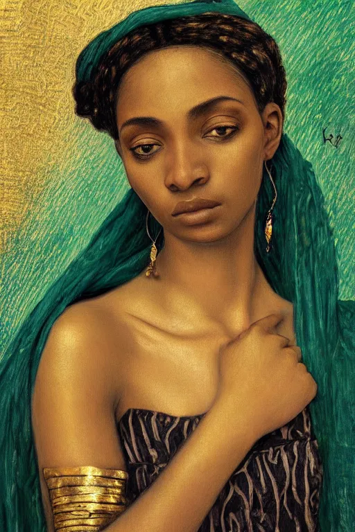 Image similar to Portrait of a Arabic African female, sad green eyes, beautiful skin, elegant, jewellery, digital painting, Pre-Raphaelites, highly detailed, concept art, smooth, sharp focus, gold and indigo, illustration, art by Klimt .