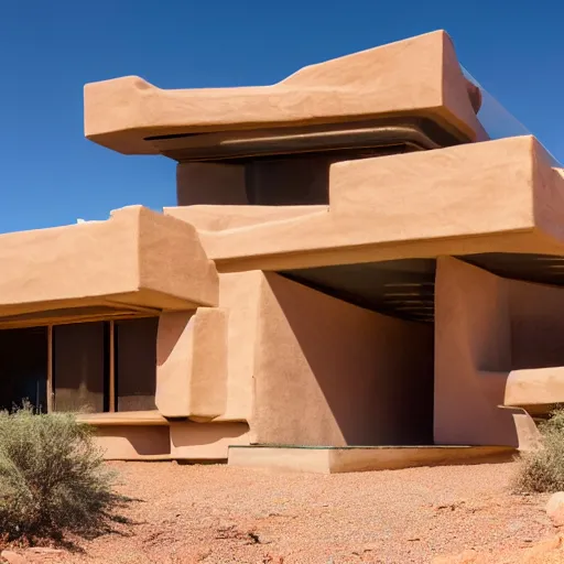 Prompt: A house designed by Frank Lloyd Wright in the middle of the desert, photographed by Fernando Guerra, realistic, 4k, detailed