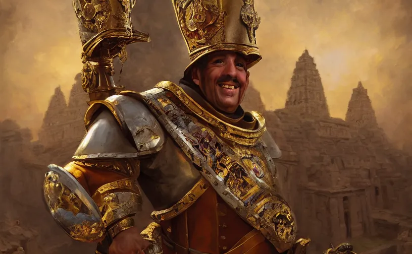 Image similar to smiling spanish conquer soldier francisco pizarro holding golden cup on a inca temple, wide view, high detailed, full perfect, symmetrical portrait, high detail, by craig mullins, peter mohrbacher, unreal engine, octane rendered, 8 k, dark beauty, trending on artstation