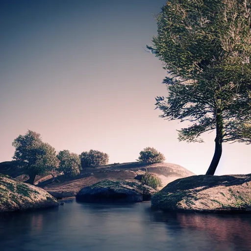 Prompt: a beautiful landscape, river, rocks, trees, volumetric lighting, octane render