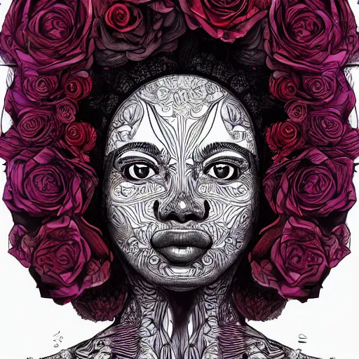 Prompt: the anatomy of a head of lettuce with roses that resemble a beautiful young black woman looking up, an ultrafine detailed illustration by james jean, intricate linework, bright colors, final fantasy, behance contest winner, vanitas, angular, altermodern, unreal engine 5 highly rendered, global illumination, radiant light, detailed and intricate environment