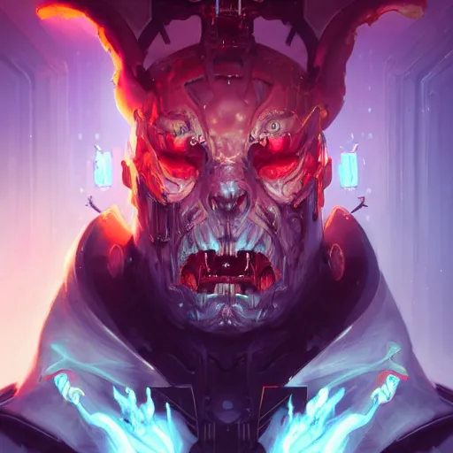 Image similar to a portrait of a demonic cybernetic duke of hell, cyberpunk concept art by pete mohrbacher and wlop and artgerm and josan gonzales, digital art, highly detailed, intricate, sci-fi, sharp focus, Trending on Artstation HQ, deviantart, unreal engine 5, 4K UHD image